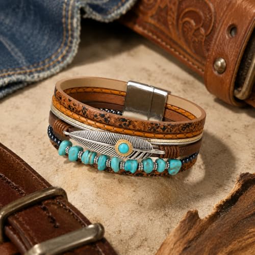 Long tiantian Western Turquoise Beaded Bracelet Set for Women Stackable Cowgirl Bracelets Boho Concho Jewelry Country Concert Rodeo Outfit Accessories Gifts - color: B4:western bracelets
