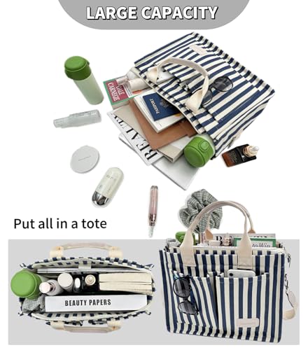 Large Canvas Tote Bag for Women Work Tote Bags with Pockets Laptop Crossbody Purses Everyday Bag Handbags for Travel - color: New Upgrade Plus Blue Stripe