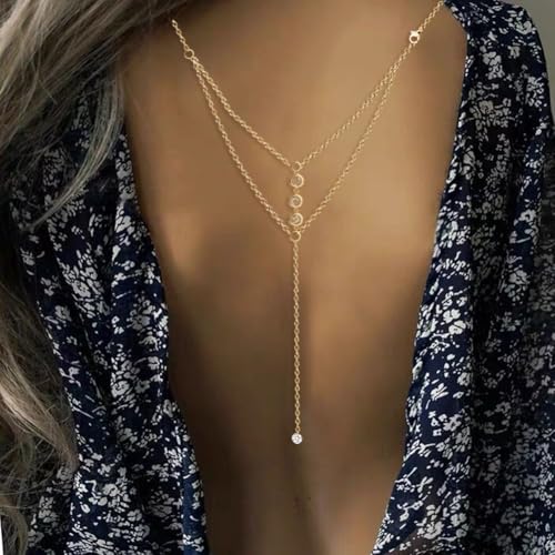 Eyraevor Rhinestone Back Chain Necklace Bridal Wedding Backdrop Back Necklace for Women Summer Backless Dress Body Jewelry (Gold)