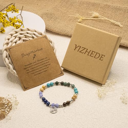 Zodiac Natural Stone Bracelet – Handmade Crystal Healing Bracelet with Zodiac Charm – Adjustable Beaded Jewelry Gift for Women Men Girls - color: Sagittarius