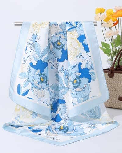 AWAYTR 27.5” Square Satin Head Scarf Hair Scarf for Women's Hair Silk Bandana for Women Silk Head Wrap for Sleeping - color: Flower (Light Blue)