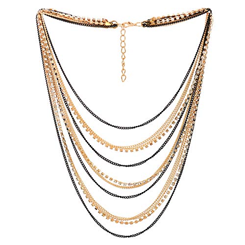 Waterfall Multi-Strand Chains Statement Collar Necklace with Rhinestones Chains, Dress - color: F-Metal Color: 18K Gold-Plated & Black
