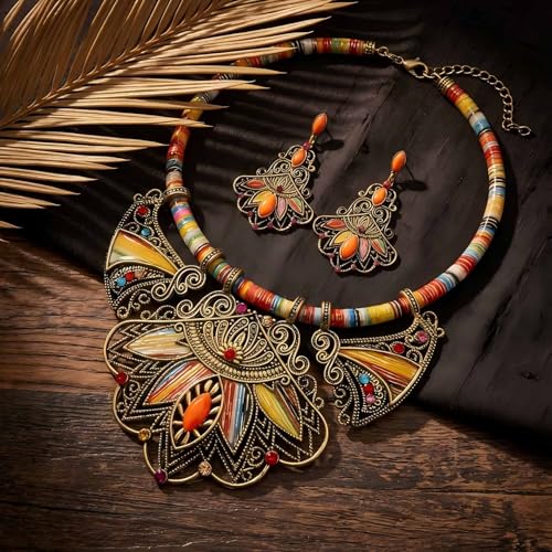 African Tribal Jewelry Set for Women - 2pcs Chunky Colorful Boho Vintage Statement Necklace Earrings Bib Choker Festival Costume Ethnic Accessories - style: Gold Style