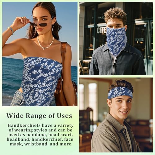 Floral Bandanas for Women Men, 27" x 27" Large Cotton Bandana Headband Head Wraps Hair Scarf for Beach Camping - color: Blue Floral-little Leaf