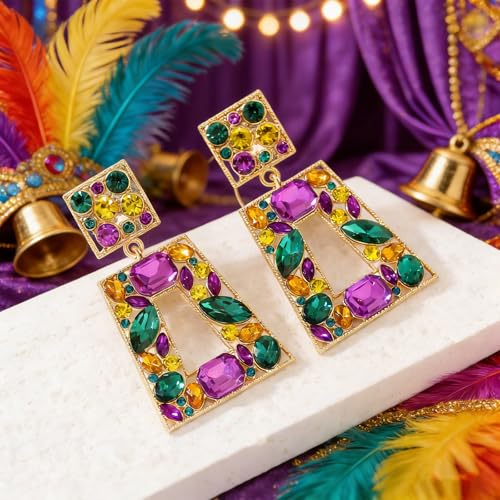 Rhinestone Rectangle Statement Earrings Colorful Crystal Geometric Drop Dangle Earrings for Women Prom Party - color: Mardi Gras