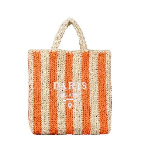 Straw Beach Bag for Women Summer Woven Tote Bag Packable Straw Purses and Handbags for Vacation Holiday - color: M-orange