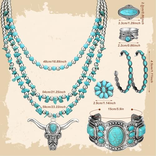 Ecally Bohemian Western Jewelry Turquoise Set Women Country Pendant Long Choker Layered Bracelets Earrings Ring for Women - color: Turquoise, style: Graceful