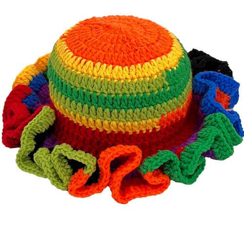 Handmade Crochet Bucket Hat for Women Boho Chic Slouchy Design Colorblock Ruffled Brim Festival&Daily Crochet Hat - color: Orange Top Contrasting