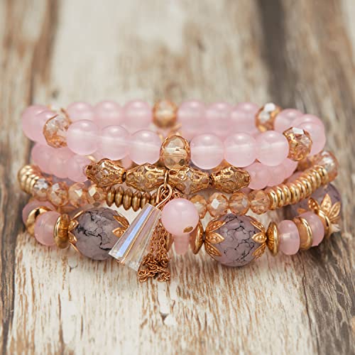 FUTIMELY Bohemian Crystal Beaded Bracelets Set for Women,Dainty Handmade Multilayer Colorful Charm Bracelet Beaded Stackable Stretch Bracelet Jewelry - color: Pink