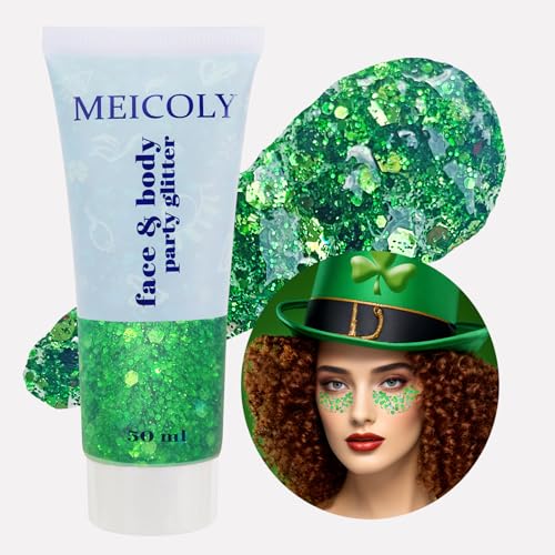 MEICOLY Green Face Body Glitter,St Patricks Day Chunky Hair Glitter for Women Kids,Self-Adhesive Holographic Green Accessories Irish Parade Makeup,Spirit Day Wear,Alien Costume,Festival Rave Outfits - color: green body glitter