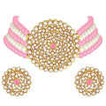 Aheli Pearl Diamond Choker Necklace & Round Earrings Gift for Women Indian Traditional Bollywood Fashion Bharatanatyam jewellery set - color: Pink & White