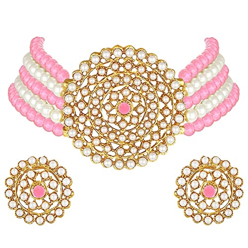Aheli Pearl Diamond Choker Necklace & Round Earrings Gift for Women Indian Traditional Bollywood Fashion Bharatanatyam jewellery set - color: Pink & White