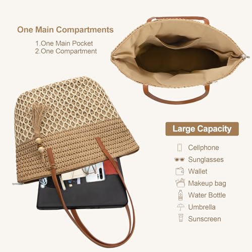 YAMEIZE Straw Woven Beach Shoulder Bags for Women Big Foldable Straw Tote bag Lightweight Raffia Bag with Zipper Summer - color: Multicoloured