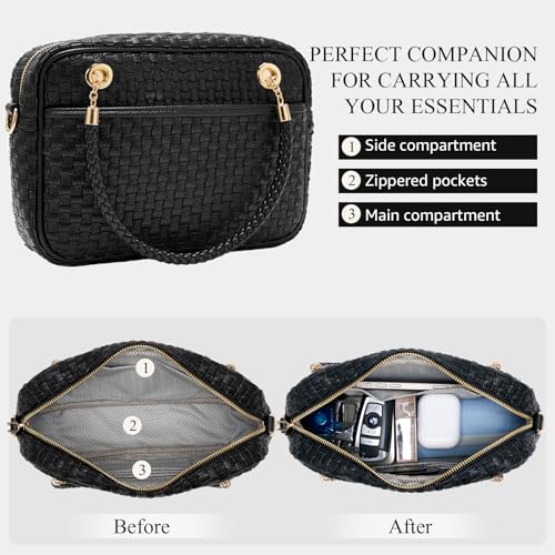 Chic Woven Crossbody Camera Bag, Soft Vegan Leather Purse with Designer Look & Braided Handle - color: Black
