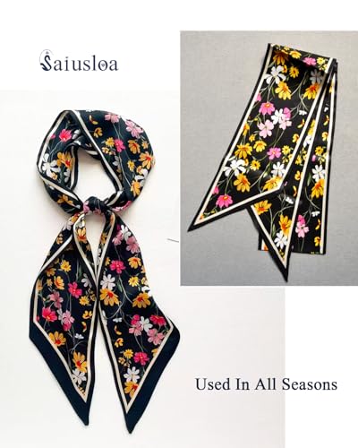 Purse Scarf For Handbags Head Scarves For Women's Hair Bags Scarfs Long Skinny Scarves Fashion Silky - color: A1-black Flower
