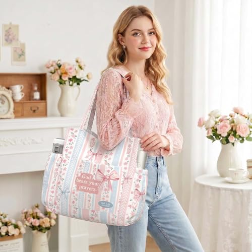 Corduroy Tote Bag for Women,Large Capacity Cute Tote Bags With 6 Pockets,Crossbody Shoulder Handbag for Work Travel Gym - color: Bible Bows
