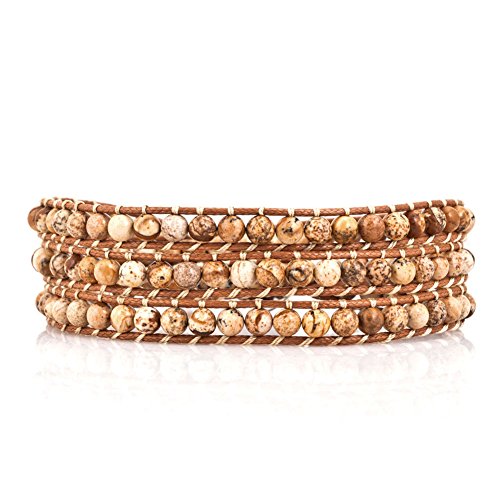 Layered Leather Handmade Bracelet Boho Bohemian Style Multilayer Crystal Glass Natural Stone Beaded Wrap Bracelets Collection for Women - style: BR582