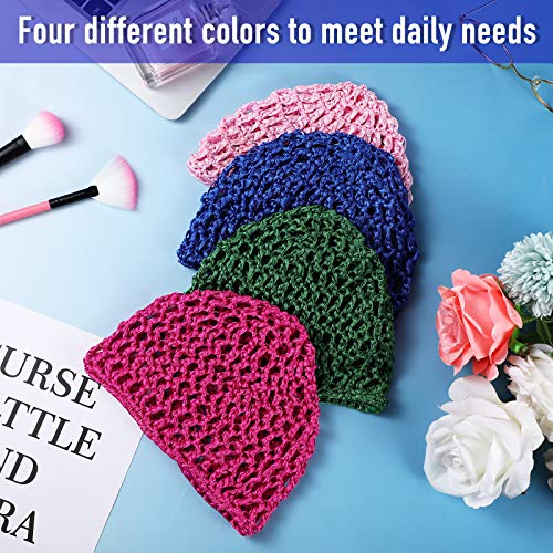 Geyoga 4 Pieces Mesh Crochet Hair Net Rayon Knit Snood Hat Thick Short Women Hairnet Snoods Cover Ornament for Sleeping (Pink, Rose Red, Green, Royal Blue) - color: Pink, Rose Red, Green, Royal Blue