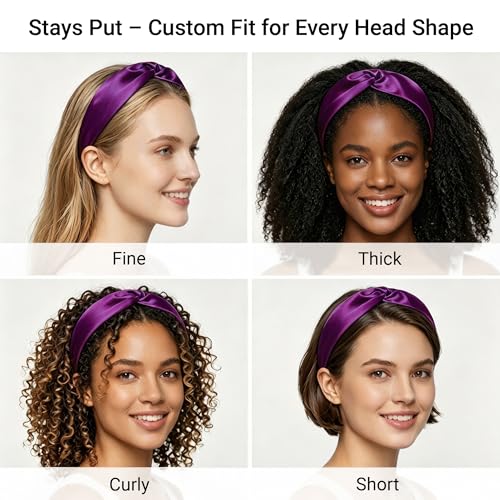 ZLYC Mulberry Silk Headband Elastic Twist Knotted Head Bands for Women's Hair, Solid Light Red Purple - color: Solid Light Red Purple