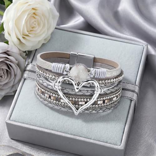 Long tiantian Leather Bracelets for Women Warp Bracelet Stackable Boho Layered Bracelet Chunky Heart Trendy Birthday Gifts for Her - color: A10：chunky bracelets for women(silver)