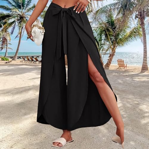 Wide Leg Tie Belted Linen Capri Pants for Women Casual High Waist Irregular Split Hem Palazzo Cropped Trousers - color: Black, size: XX-Large