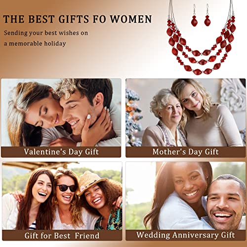 3 Layered Chunky Statement Necklace for Women Beaded Strand Necklaces with Earring Fashion Costumes Collar Necklace Jewelry Sets Gifts for Women - color: Red