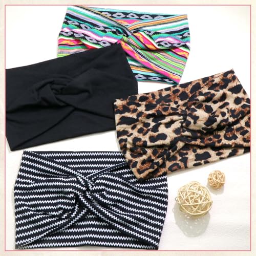4 Pack Wide Headbands for Women Cute Boho Headband Stripe Knotted Turban Head Bands Soft Hair Wraps African Head Scarf Fashion Turban Hairband Large Scarf Headband For Women’s Hair Accessories - color: Style 118