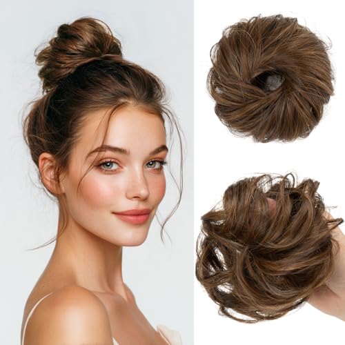 CJL HAIR 2PCs Small Cute Messy Bun Hair Piece for Thin Hair Women Mini Synthetic Curly Bun Scrunchies Updo Hairpieces Chocolate - color: 2PCS-Chocolate