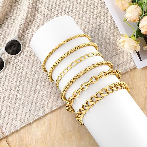 6PCS Stainless Steel Bracelets for Men Women, Silver Gold Black Cuban Link Rope Box Wheat Chain Paperclip Figaro Jewelry Set, 7/8/9 Inches - color: Gold, size: 8 inches