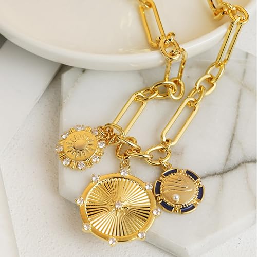 Sun Coin Charm Choker Necklace for Women Men 18K Gold Plated With Zircons Inlaid Pendants Thick Chunky Paperclip Chain Hip Hop Necklace Unisex Jewelry Cuban Link Chain Trendy
