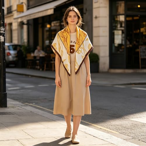 35" Head Scarf Large Square Scarf Like Cotton Hairscarf Fashion Scarves Bandana Night Sleeping Wraps for Women B01 - color: Beige/Coffee Tulips