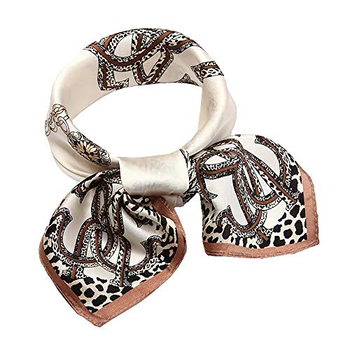 ANDANTINO 100% Mulberry Silk Scarf -21” Square Neckerchief with Gift Packed - color: Beige Leopard