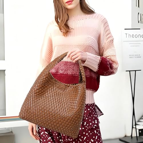 Woven Tote Bag For Women, Large Vegan Leather Travel Handbag, Casual Work Shoulder Bag, Underarm Commuter Hobo Bag With Purse - color: Brown