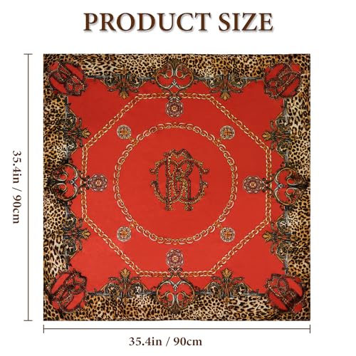 Large Square Head Scarf Bandana - 35" Satin Hair Scarf for Women Like Silk Scarf Fashion Hair Wrapping - color: Leopard Chain(red), size: 35IN*35IN