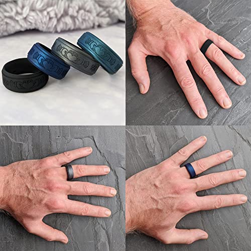 Knot Theory Silicone Ring for Men - Trinity, Claddagh, Celtic Engraving - 8mm Bandwidth Breathable Comfort Fit - color: Dark Silver Claddagh, size: Size 10 ~ 10.5