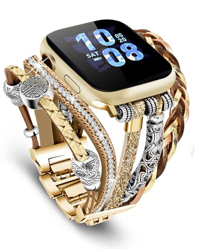 Compatible with Apple Watch Band 40mm for Women, Boho Bracelet for Apple Watch 38mm 41mm, Multilayer Leather Wrap Braided Strap for iWatch Series 11/10(42mm)/9/8/7/6/5/4/3/2/1/SE Gold - color: A-Gold, size: 42(series 11/10)/41/40/38mm