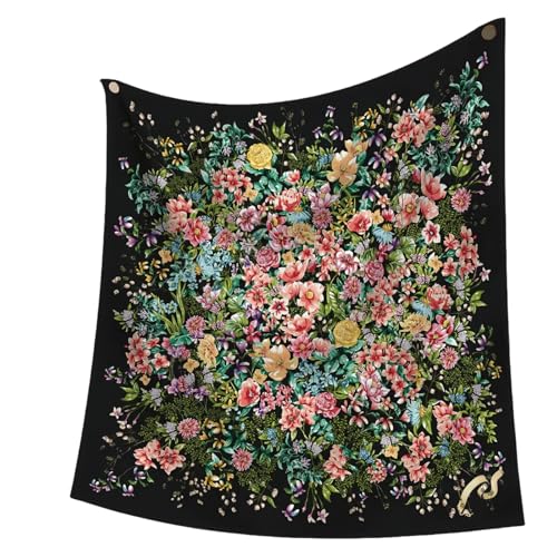 Premium Floral Scarf for Women 35x35 Square Silk Feel-Lightweight Scarves Headscarf Bandanas Wrapping Handbag - color: Black