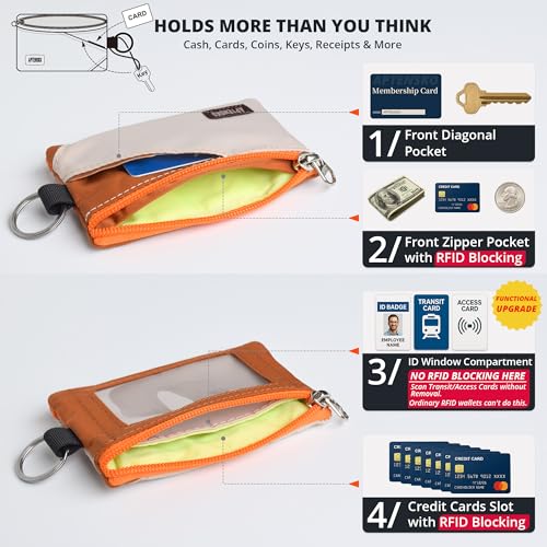 RFID Blocking Travel Wallet with Adjustable Lanyard, Small Nylon Zipper Pouch and Badge Holder for ID, Credit Cards, Cash, Keys, Commuters (Almond+Rust) - color: Almond+Rust