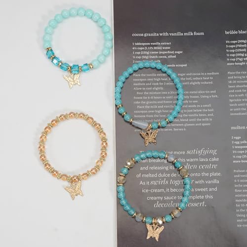 Bohemian Bracelet Sets for Women - 4-Pack Stackable Stretch Bead Bracelets with Black＆White Crystal & Gold Accessories, Multi-Layer Boho Jewelry - color: turquoise butterfly