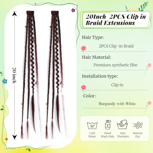 2PCS Boho Dreadlock Clip In Braids with Charms and Beads, Handmade Dreadlock Braids Hair Extensions Synthetic Braided Hairpieces for Women (Burgundy with White, 20 Inch) - color: Burgundy with White, size: 20 Inch
