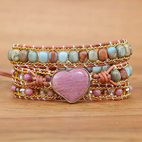 Women Wrap Bracelet Boho Natural Jasper Crystal Stone Beads Strand Bracelets - color: Rhodochrosite