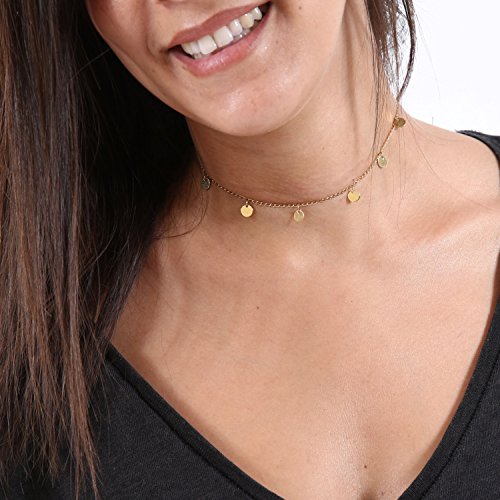 Gold Choker Necklaces 14K Gold Plated/Silver Disc Choker Necklaces Dangling Star Heart Pendant Necklaces Summer Beach Boho Necklaces Aesthetic Necklace Gift for Women - color: Gold Wafer