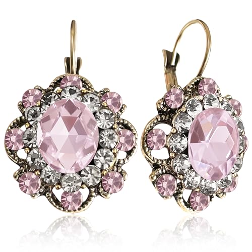 Handmade Bohemian Vintage Gold Sparkly Crystal Round Flower Leverback Earrings Cute Rhinestone Geometry Dangle Drop Earring for Women - color: Pink