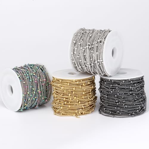 33 Feet Stainless Steel Satellite Curb Chain Roll, 2mm 304 Stainless Steel Ball Beaded Twisted Link Chains Spool Bulk for Jewelry Making DIY Craft - color: Stainless Steel Small Beads Satellite Curb Chain