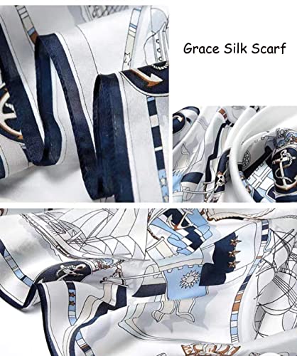 ANDANTINO 100% Silk Long Scarf-Women Large Oblong Shawls with Gift Packed - color: White&blue-sailing