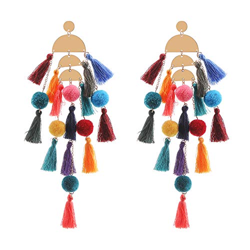 Long Tassel Earrings for Women Colorful Fringe Drop Dangle Earrings Bohemian Hawaiian Summer Beach Jewelry for Womens Vacation Outfits - color: Dark Colorful