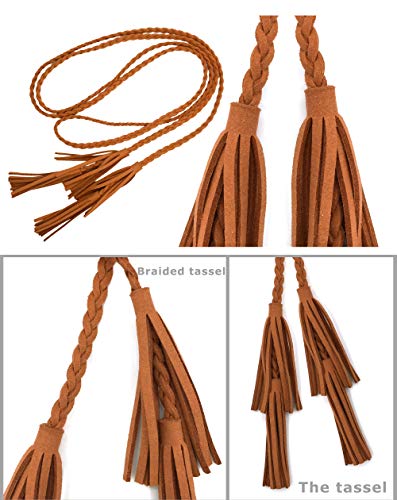 TeeYee Women Girls Multi Colors Braided Waist Tie Belt/Rope/Chain with Tassel Fringe Wrap Cloth Belts for Ladies Dress Pants - color: Tan