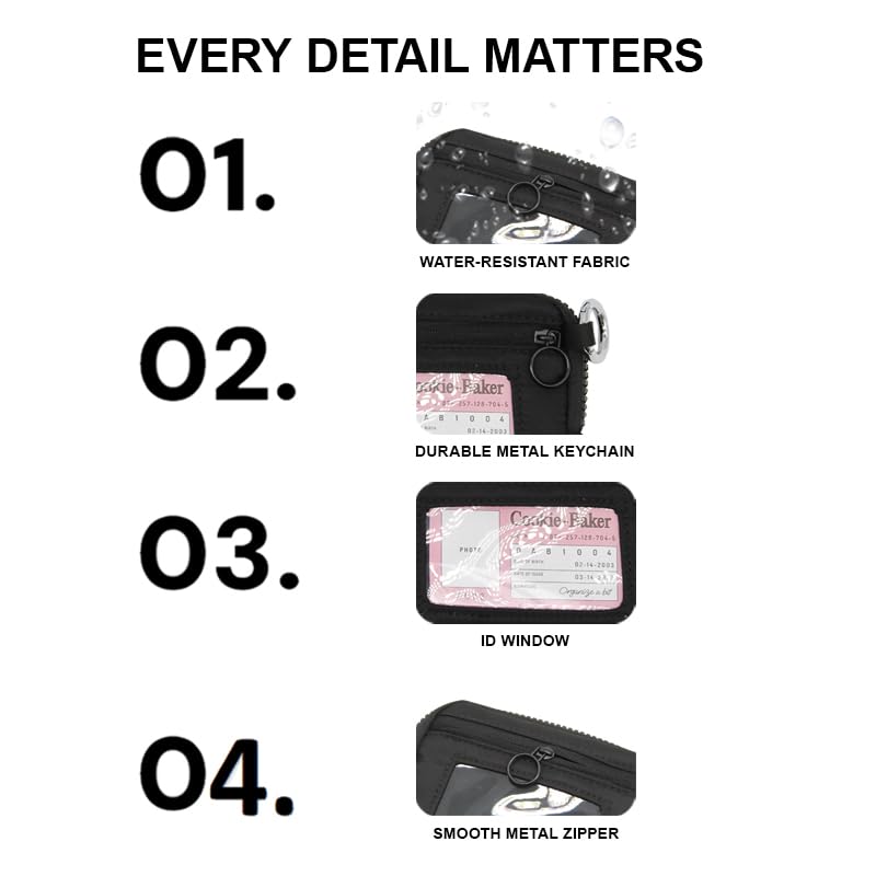 Wristlet Wallet for Women Mini Zip Card Case with Clear ID Window Zipper Coin Purse Lightweight Portable Keychain Wallet - color: Black