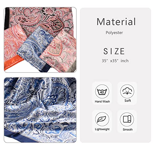 4Pcs Silk Head Scarves for Women Satin Hair Scarf 35”Large Square Bandana Silk Like Neck Scarf Shawl - color: Black/Gray/Orange/Navy