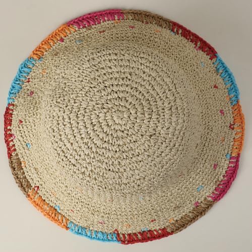 Women Straw Sun Hat Summer Beach Hats Foldable Floppy Cap Wide Brim Bucket Hat Solid Handmade Sun Protection Caps - color: Colorful-khaki